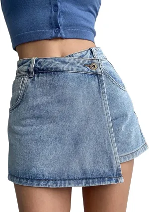 Women's High Waisted Denim Skort Wrap Button Front Asymmetrical Hem Skirt Shorts Casual Trendy A Line Jean Shorts