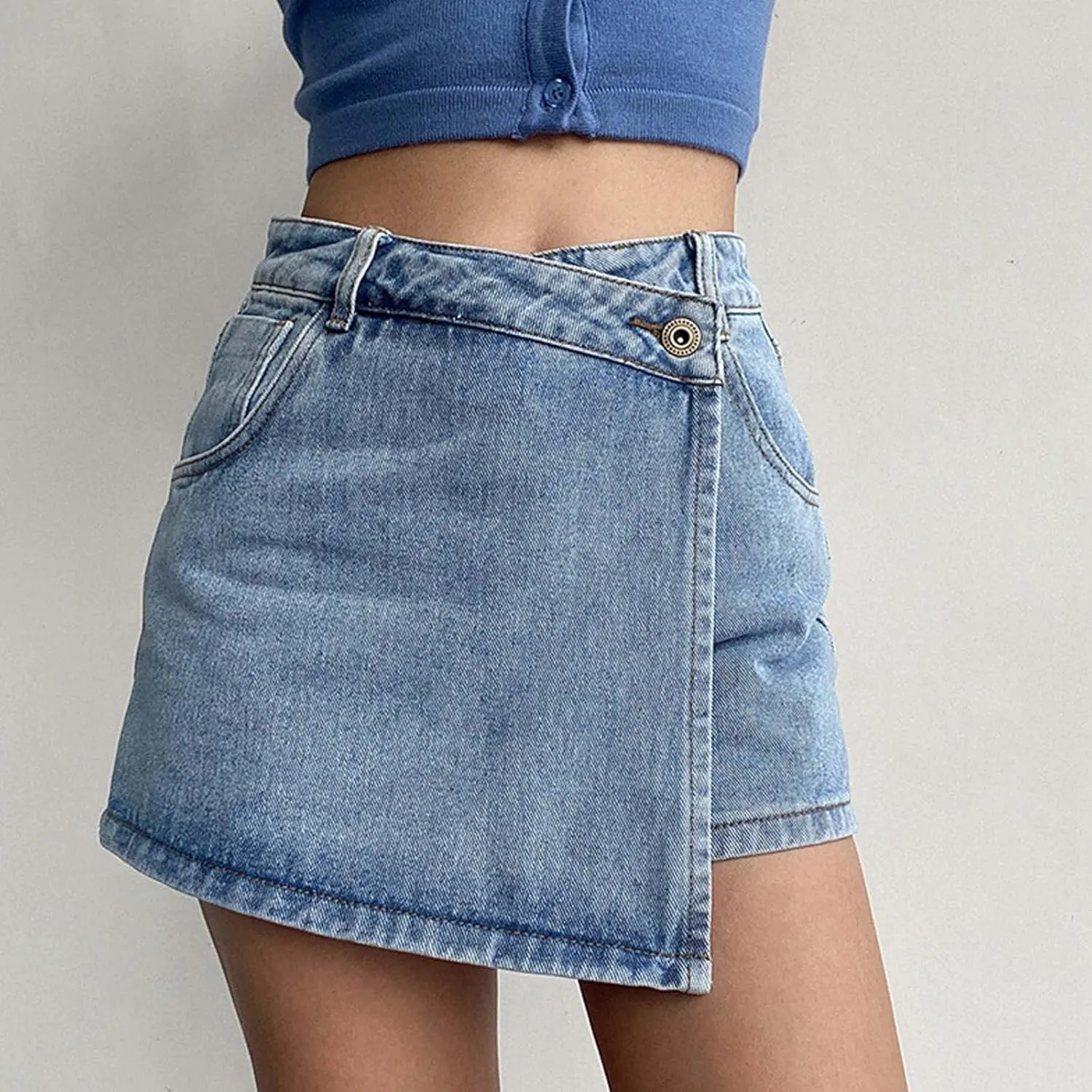 Women's High Waisted Denim Skort Wrap Button Front Asymmetrical Hem Skirt Shorts Casual Trendy A Line Jean Shorts