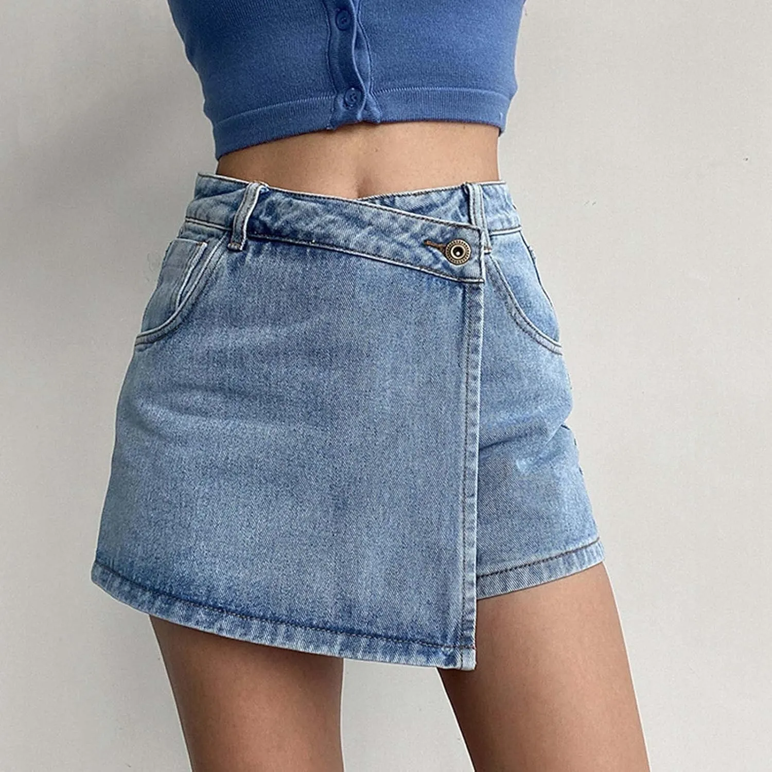 Women's High Waisted Denim Skort Wrap Button Front Asymmetrical Hem Skirt Shorts Casual Trendy A Line Jean Shorts