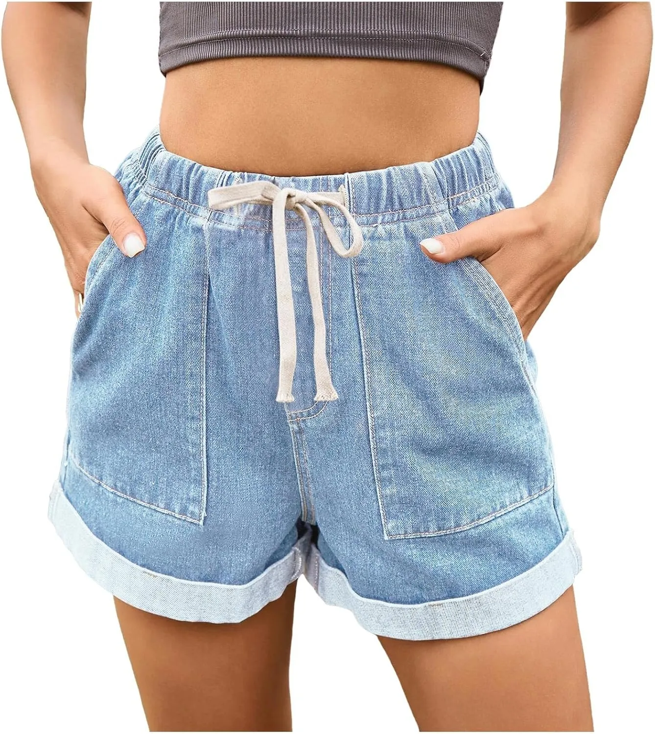 Women's High Waisted Jean Shorts Elastic Waist Folded Hem Denim Shorts with Pockets Casual Summer Short Jeans Outfits
