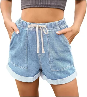 Women's High Waisted Jean Shorts Elastic Waist Folded Hem Denim Shorts with Pockets Casual Summer Short Jeans Outfits