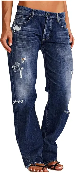 Women's High Waisted Jeans Boyfriend Straight Leg Casual Denim Pants Jeans Stretchy Leg Baggy Trendy Trousers