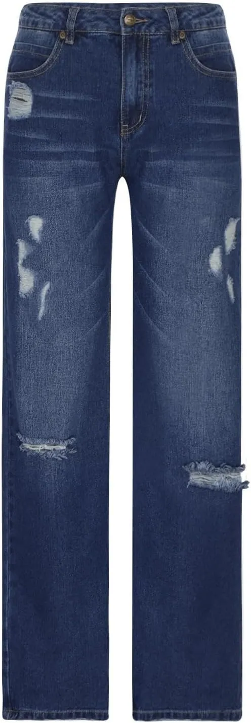 Women's High Waisted Jeans Boyfriend Straight Leg Casual Denim Pants Jeans Stretchy Leg Baggy Trendy Trousers