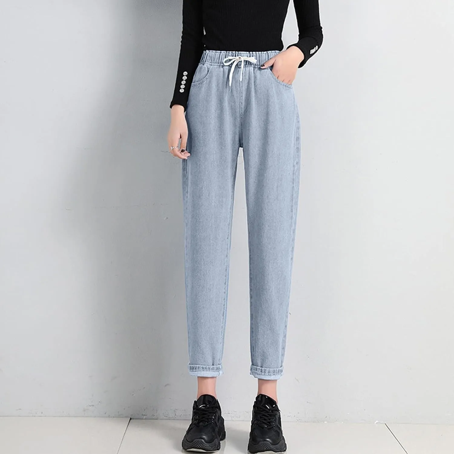 Women's High Waisted Jeans Strechy Raw Hem Straight Leg Denim Pants Elastic Waist Bottom Baggy Y2K Pants