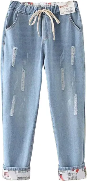 Women's High Waisted Jeans Strechy Raw Hem Straight Leg Denim Pants Elastic Waist Bottom Baggy Y2K Pants