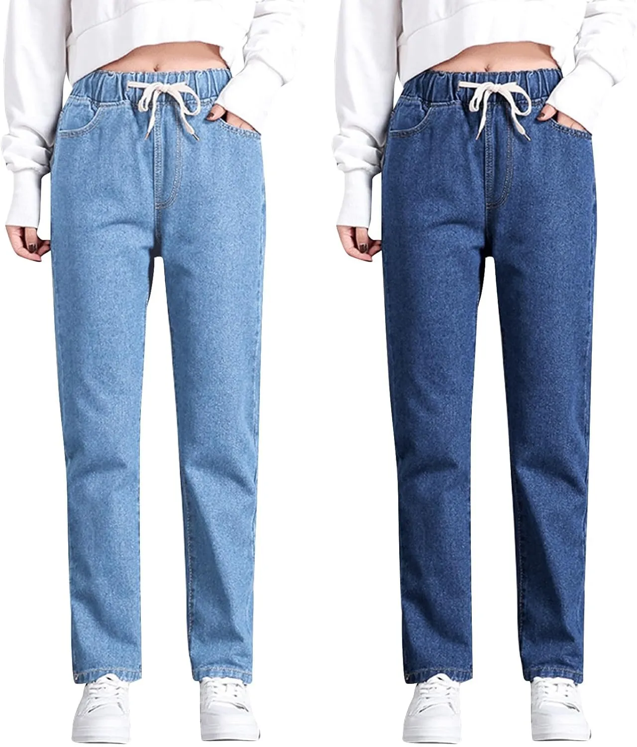 Women's High Waisted Jeans Strechy Raw Hem Straight Leg Denim Pants Elastic Waist Bottom Baggy Y2K Pants