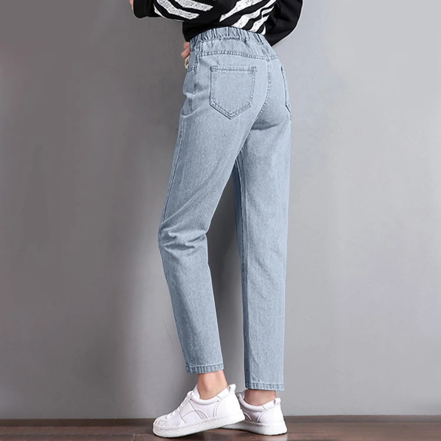 Women's High Waisted Jeans Strechy Raw Hem Straight Leg Denim Pants Elastic Waist Bottom Baggy Y2K Pants