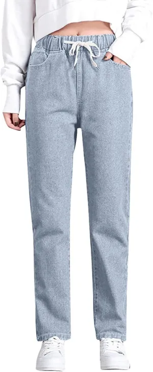 Women's High Waisted Jeans Strechy Raw Hem Straight Leg Denim Pants Elastic Waist Bottom Baggy Y2K Pants