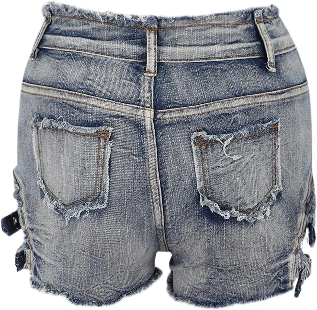 Women's High Waisted Summer Elastic Jean Shorts Sexy Gothic Punk Dance Frayed Ripped Holes Metal Buckle Denim Shorts