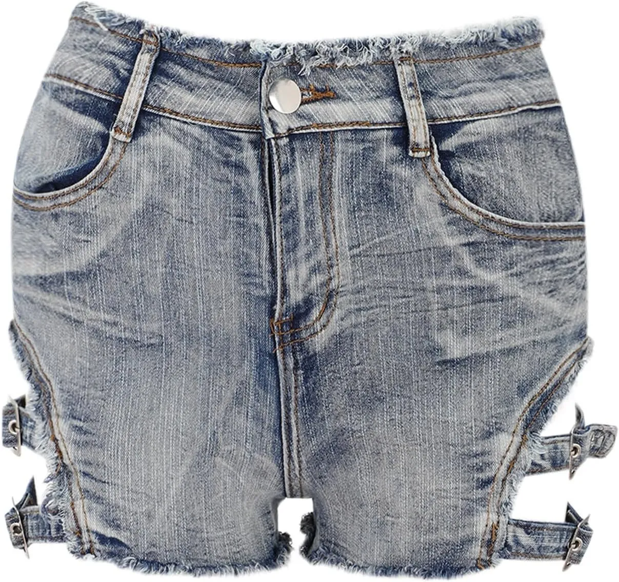 Women's High Waisted Summer Elastic Jean Shorts Sexy Gothic Punk Dance Frayed Ripped Holes Metal Buckle Denim Shorts