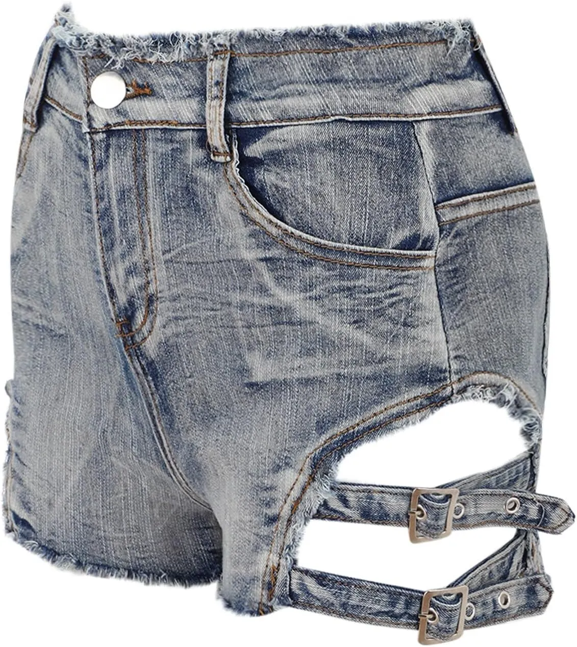 Women's High Waisted Summer Elastic Jean Shorts Sexy Gothic Punk Dance Frayed Ripped Holes Metal Buckle Denim Shorts