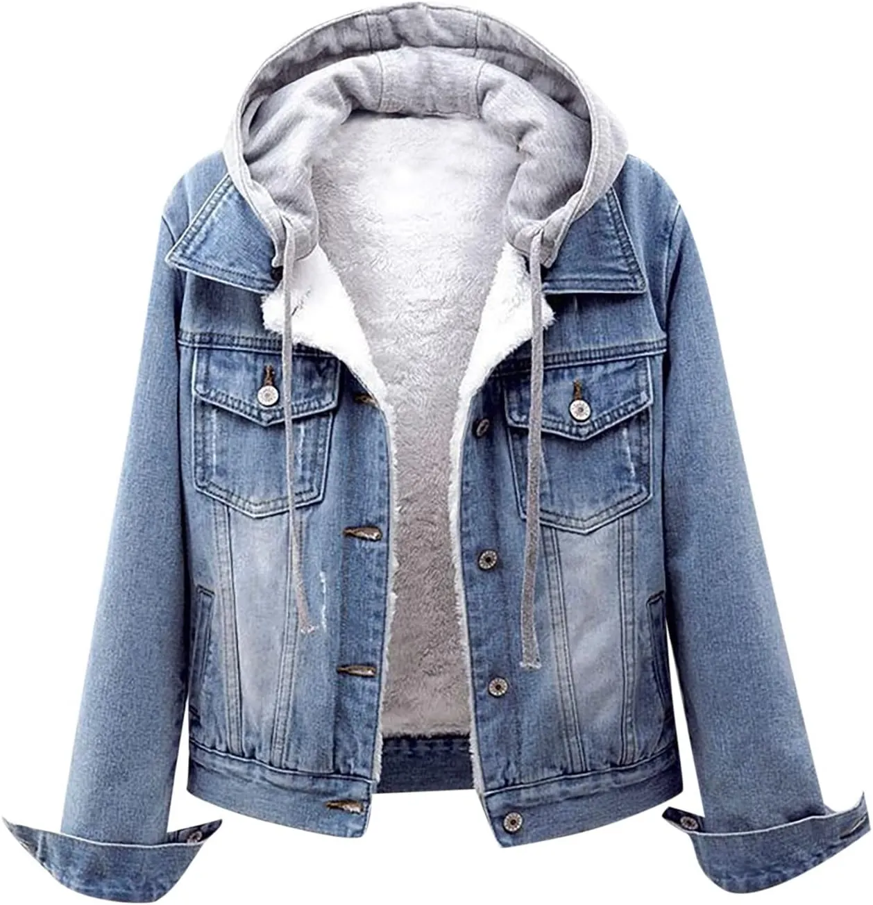Womens Hooded Denim Jacket Layered Drawstring Casual Hoodie Long Sleeve Jean Jacket Vintage Stretch Cropped Jackets