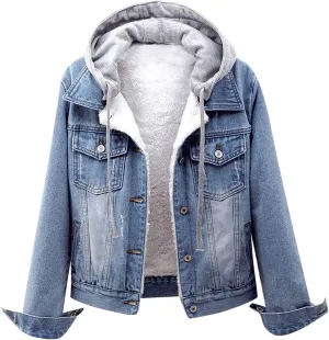 Womens Hooded Denim Jacket Layered Drawstring Casual Hoodie Long Sleeve Jean Jacket Vintage Stretch Cropped Jackets