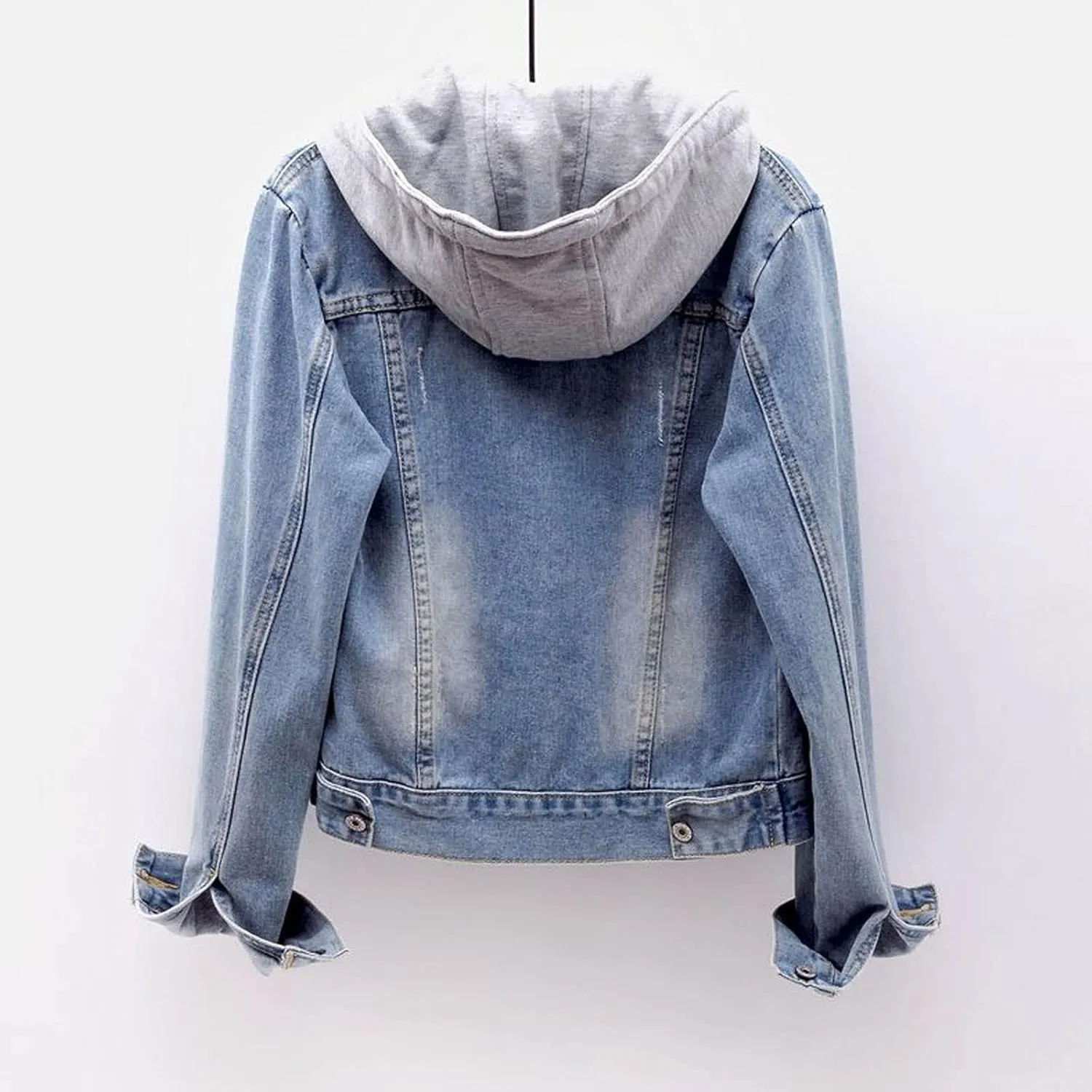 Womens Hooded Denim Jacket Layered Drawstring Casual Hoodie Long Sleeve Jean Jacket Vintage Stretch Cropped Jackets