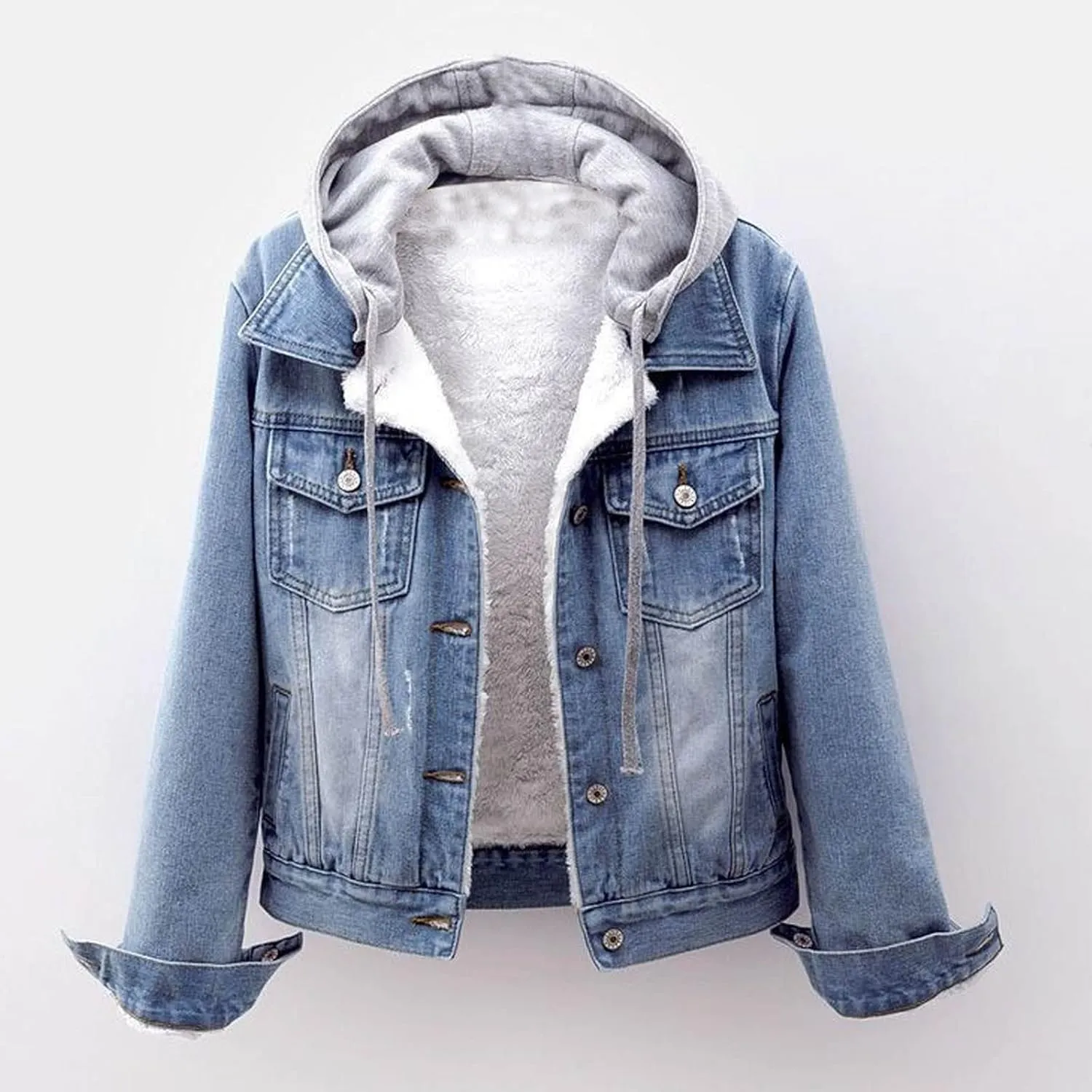 Womens Hooded Denim Jacket Layered Drawstring Casual Hoodie Long Sleeve Jean Jacket Vintage Stretch Cropped Jackets