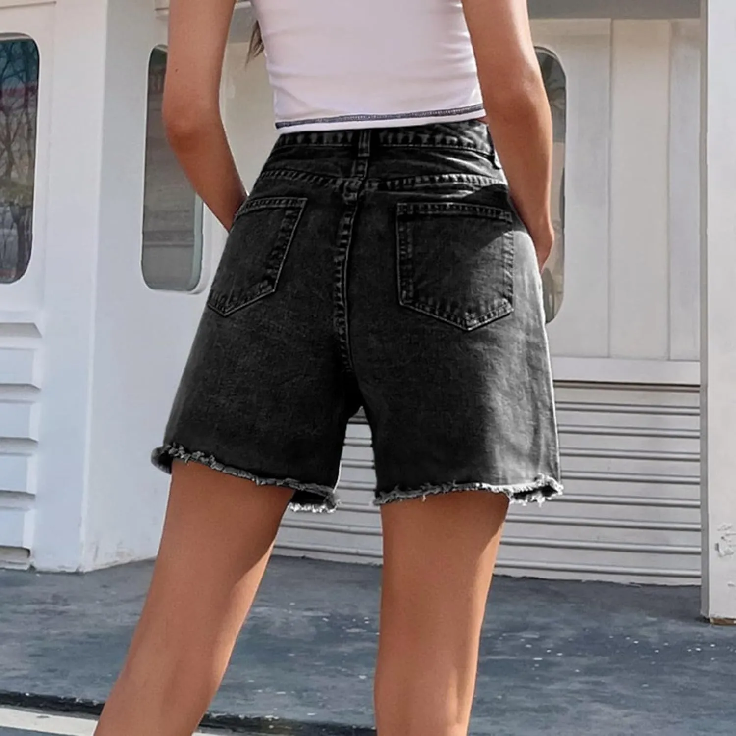 Womens Jean Shorts Distressed High Waisted Raw Hem Casual Denim Shorts Summer Fashion Stretchy Bottoms with Pockets