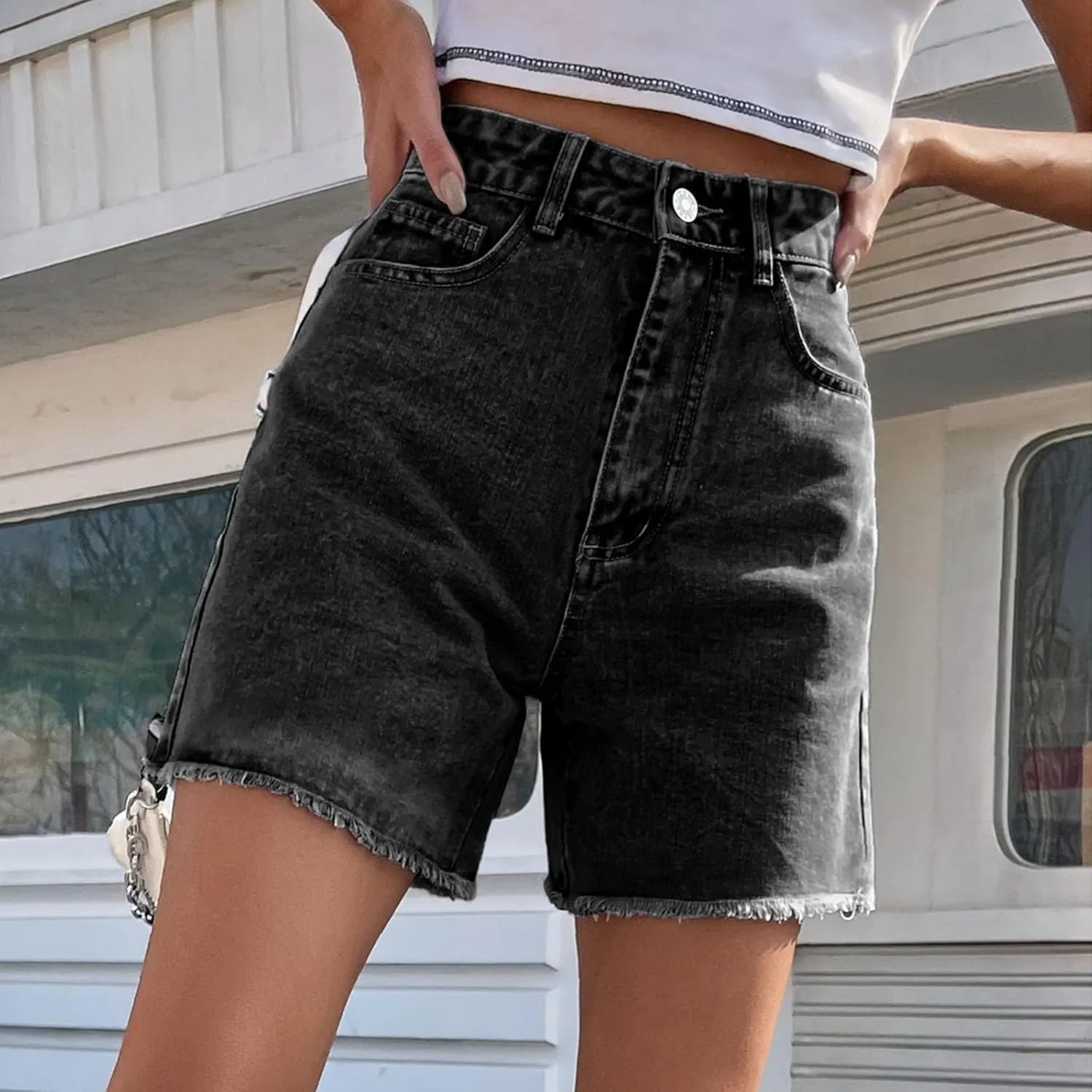 Womens Jean Shorts Distressed High Waisted Raw Hem Casual Denim Shorts Summer Fashion Stretchy Bottoms with Pockets