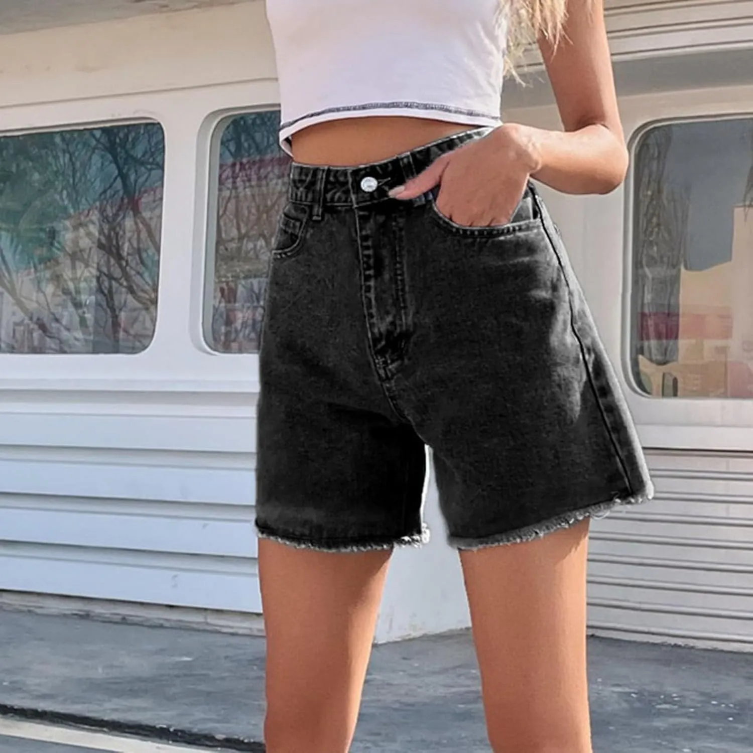 Womens Jean Shorts Distressed High Waisted Raw Hem Casual Denim Shorts Summer Fashion Stretchy Bottoms with Pockets