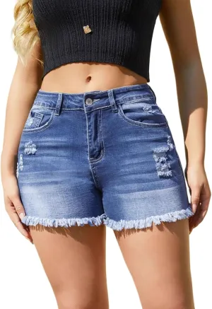 Womens Jean Shorts High Waisted Stretchy Summer Denim Shorts Ripped Frayed Raw Hem Casual Jeans Short with Pockets 2025