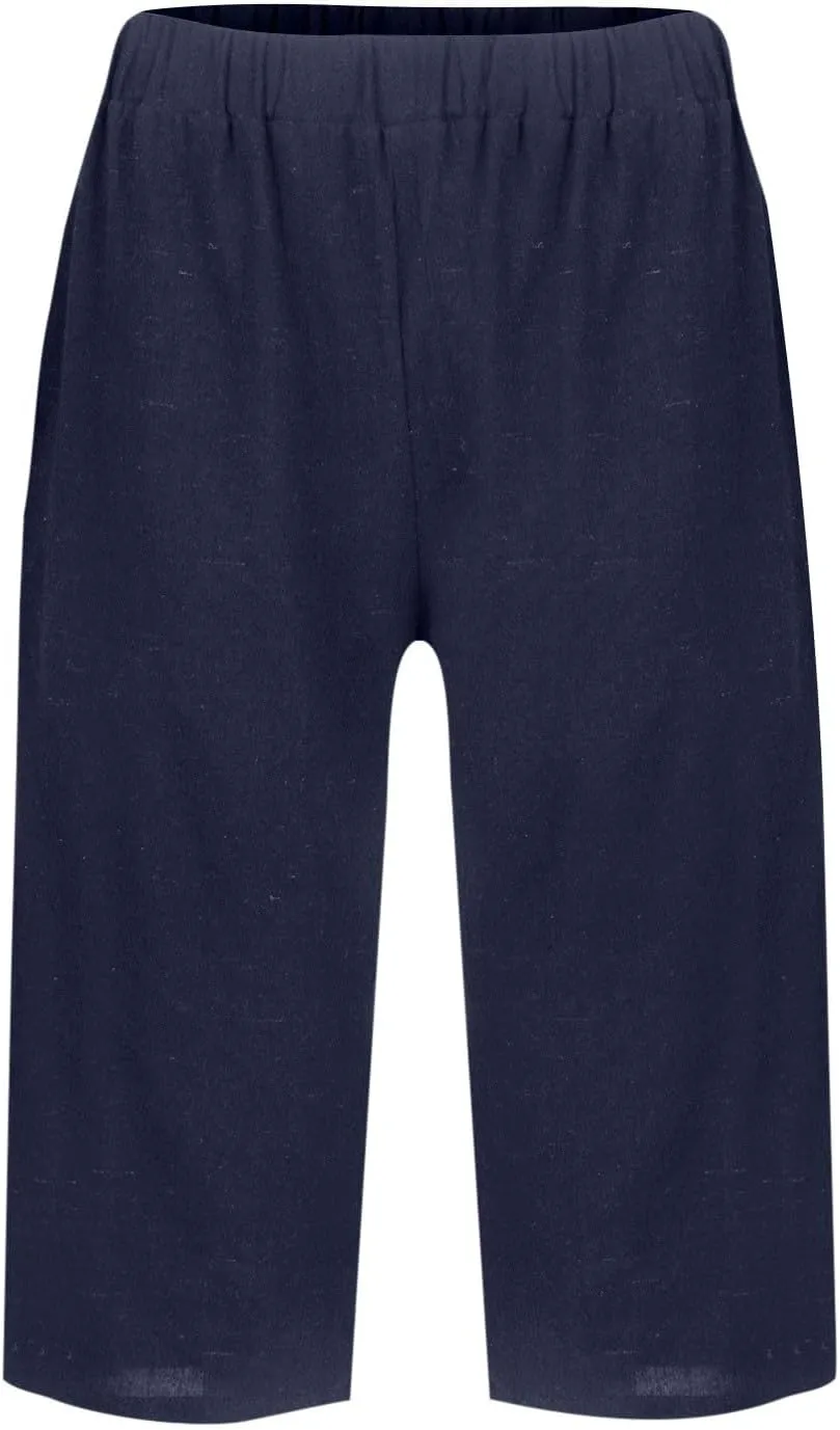 Women's Linen Pants Knee Length Bermuda Shorts Stretchy High Waisted Summer Capri Pants Side Split Button Short 2025