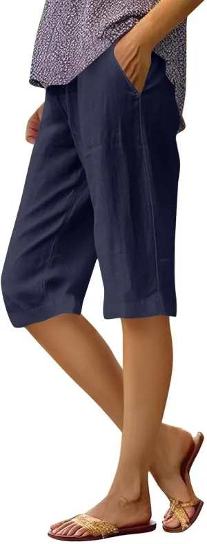 Women's Linen Pants Knee Length Bermuda Shorts Stretchy High Waisted Summer Capri Pants Side Split Button Short 2025