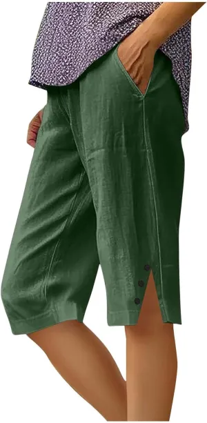 Women's Linen Pants Knee Length Bermuda Shorts Stretchy High Waisted Summer Capri Pants Side Split Button Short 2025