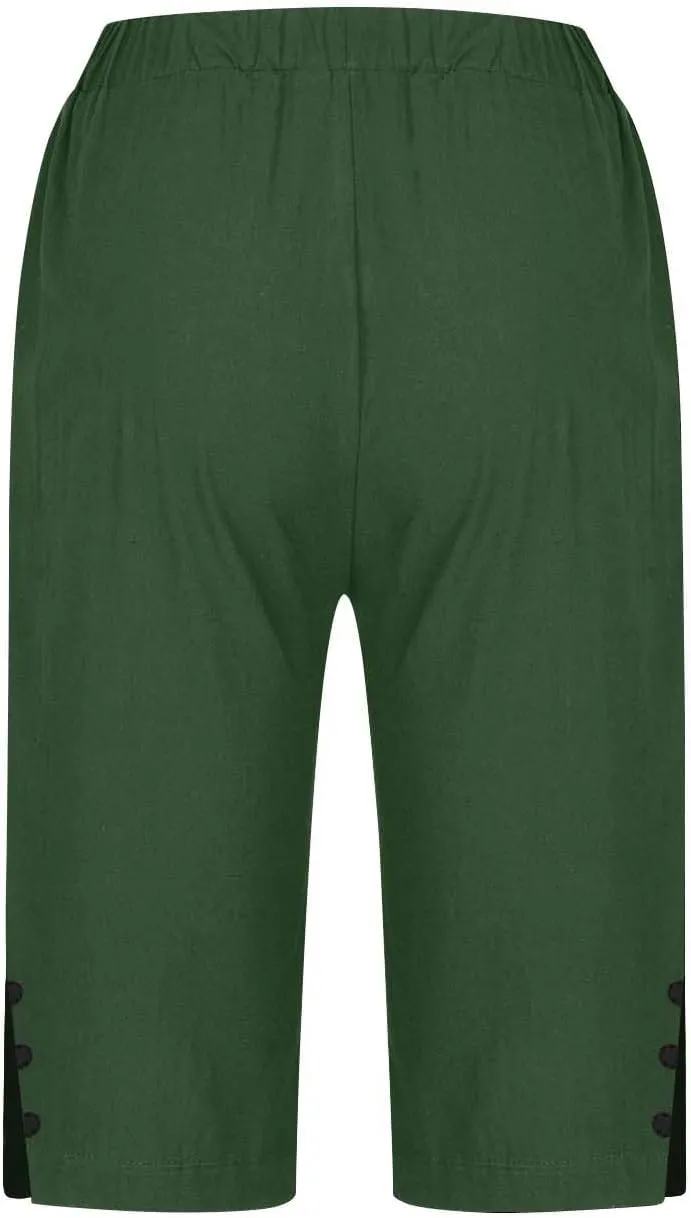 Women's Linen Pants Knee Length Bermuda Shorts Stretchy High Waisted Summer Capri Pants Side Split Button Short 2025