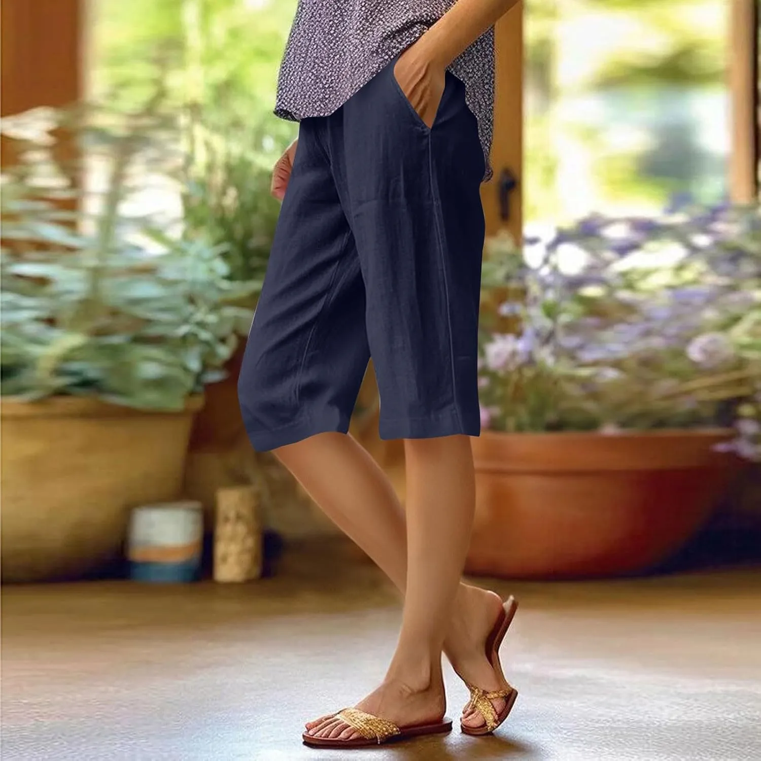 Women's Linen Pants Knee Length Bermuda Shorts Stretchy High Waisted Summer Capri Pants Side Split Button Short 2025