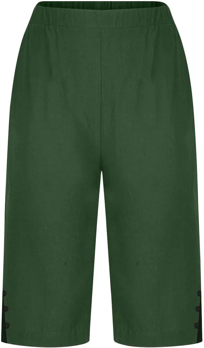 Women's Linen Pants Knee Length Bermuda Shorts Stretchy High Waisted Summer Capri Pants Side Split Button Short 2025