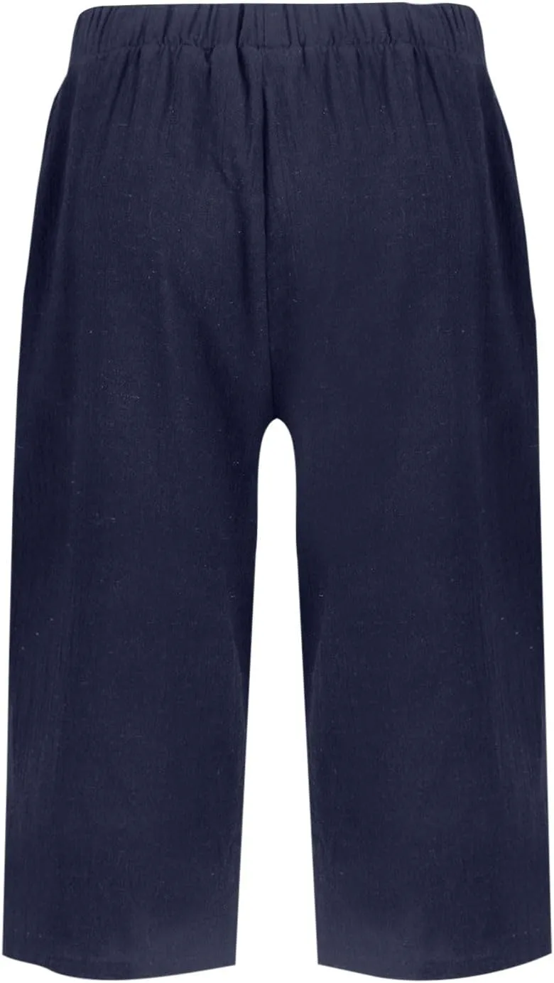Women's Linen Pants Knee Length Bermuda Shorts Stretchy High Waisted Summer Capri Pants Side Split Button Short 2025