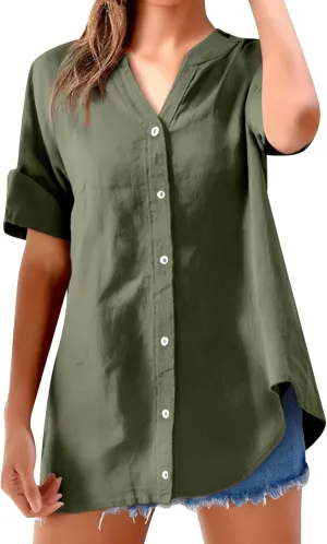 Womens Linen Shirts V-Neck Buttons Blouse Bohemian Boho Lightweight Tee Tops Short Sleeve Loose Fit T-Shirt