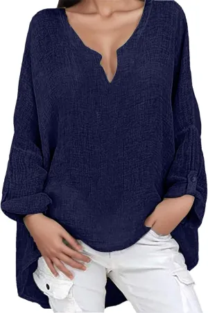 Womens Linen Shirts V-Neck Buttons Blouse Bohemian Boho Lightweight Tee Tops Short Sleeve Loose Fit T-Shirt