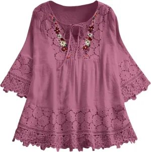 Womens Linen Shirts V-Neck Buttons Blouse Bohemian Boho Lightweight Tee Tops Short Sleeve Loose Fit T-Shirt