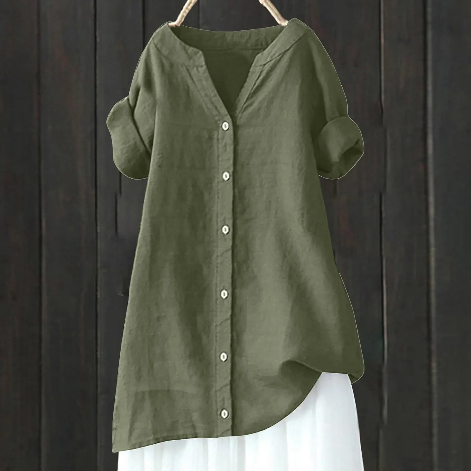 Womens Linen Shirts V-Neck Buttons Blouse Bohemian Boho Lightweight Tee Tops Short Sleeve Loose Fit T-Shirt
