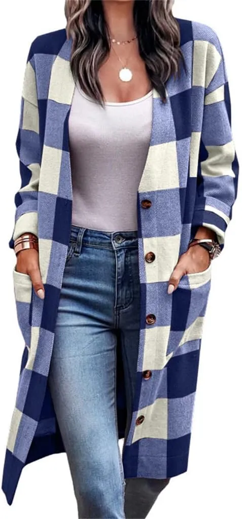Womens Long Flannel Jacket Lounge Lapel Button Down Plaid Shirt Jacket Shacket Woolen Blend Trench Coat Cardigan Coats
