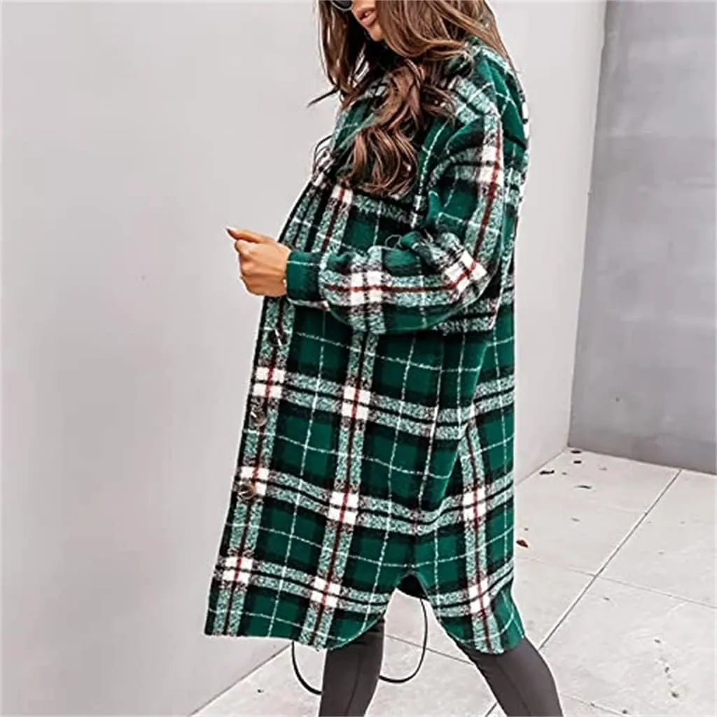 Womens Long Flannel Jacket Lounge Lapel Button Down Plaid Shirt Jacket Shacket Woolen Blend Trench Coat Cardigan Coats