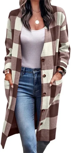 Womens Long Flannel Jacket Lounge Lapel Button Down Plaid Shirt Jacket Shacket Woolen Blend Trench Coat Cardigan Coats