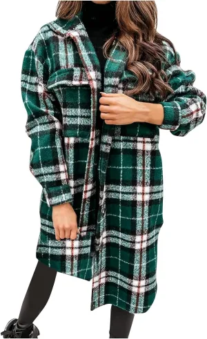 Womens Long Flannel Jacket Lounge Lapel Button Down Plaid Shirt Jacket Shacket Woolen Blend Trench Coat Cardigan Coats
