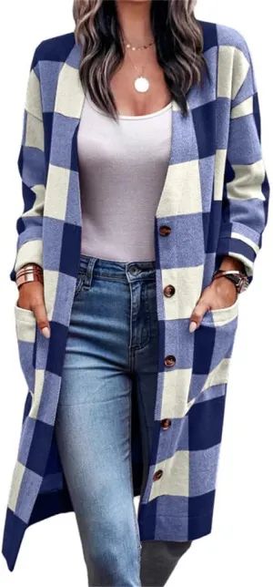 Womens Long Flannel Jacket Lounge Lapel Button Down Plaid Shirt Jacket Shacket Woolen Blend Trench Coat Cardigan Coats