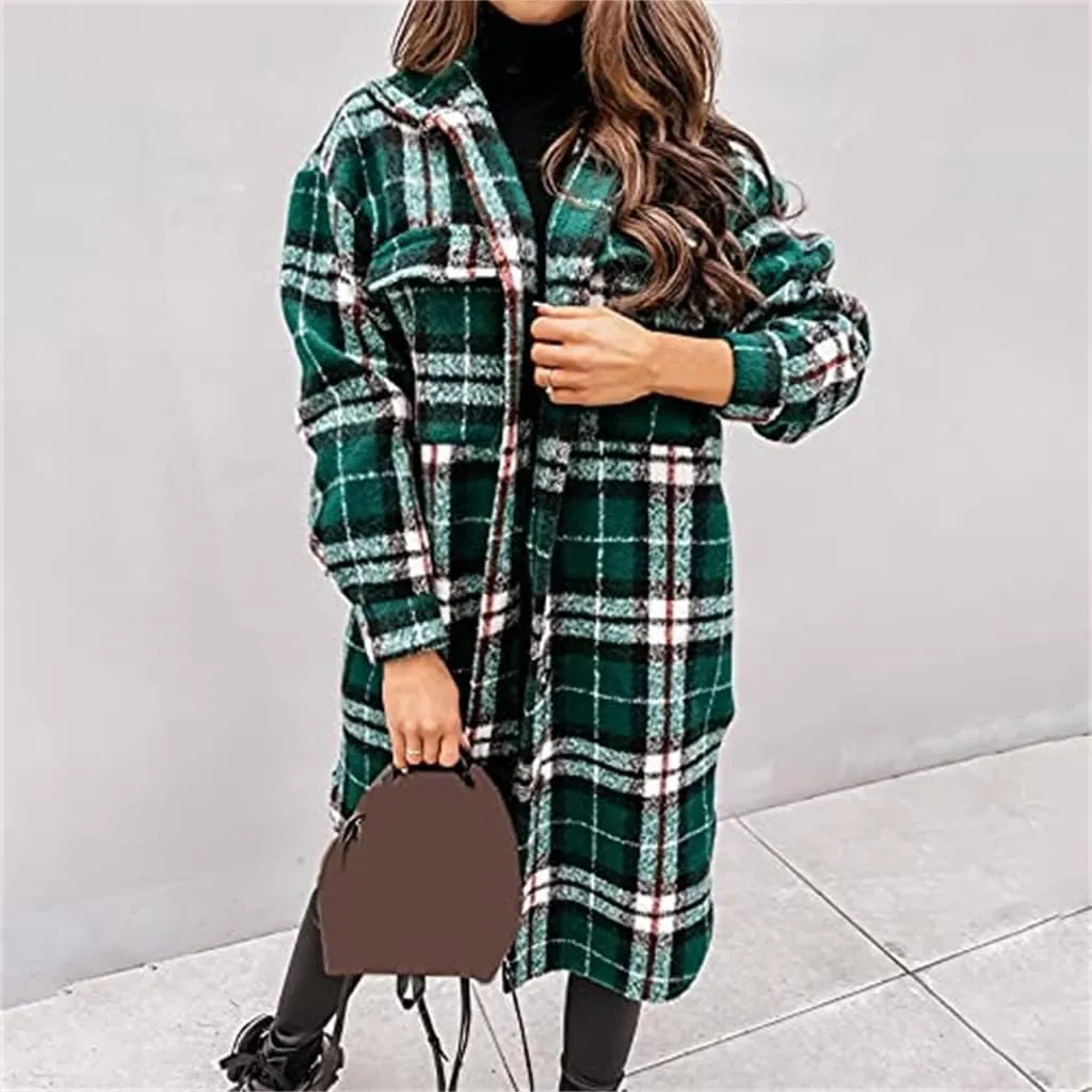 Womens Long Flannel Jacket Lounge Lapel Button Down Plaid Shirt Jacket Shacket Woolen Blend Trench Coat Cardigan Coats