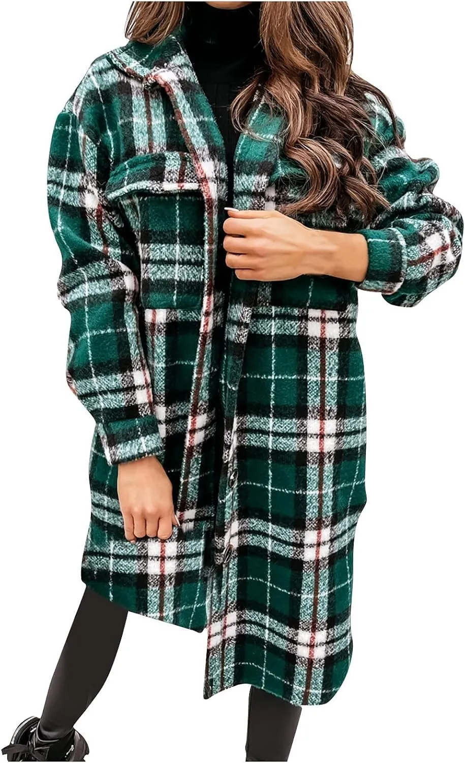 Womens Long Flannel Jacket Lounge Lapel Button Down Plaid Shirt Jacket Shacket Woolen Blend Trench Coat Cardigan Coats
