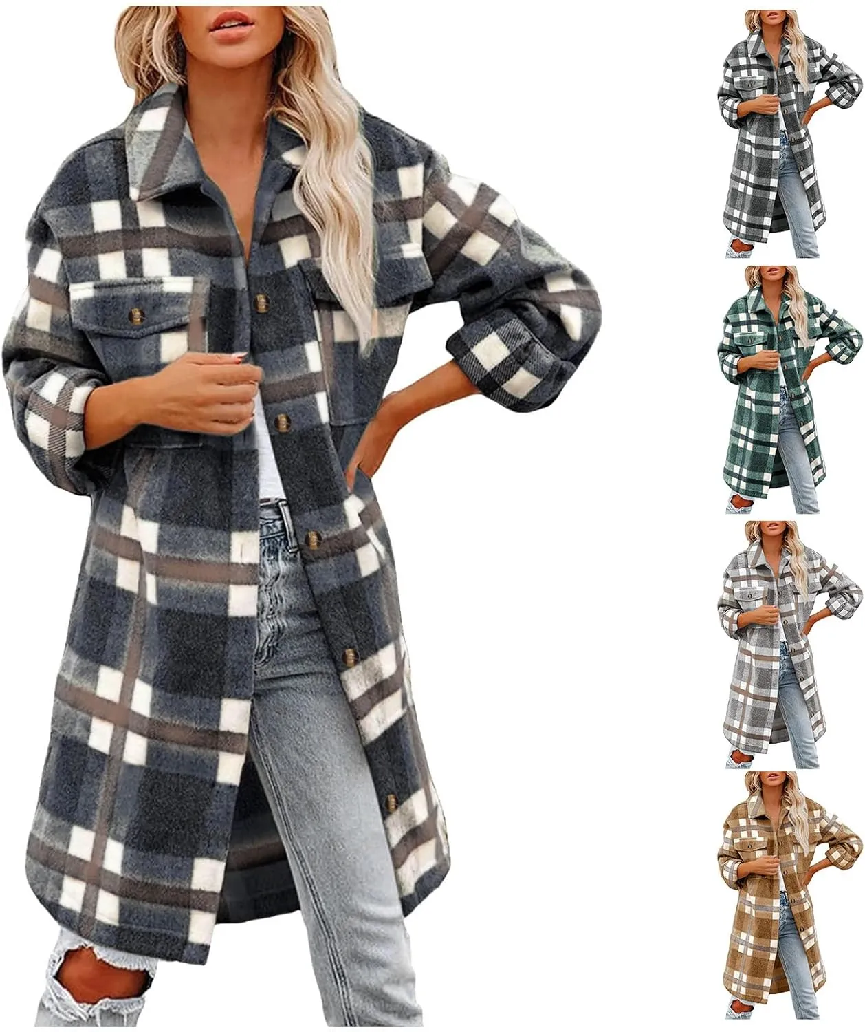 Womens Long Plaid Shirt Wool Blend Flannel Shackets Lapel Button Down Shirt Jacket Coat