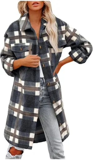 Womens Long Plaid Shirt Wool Blend Flannel Shackets Lapel Button Down Shirt Jacket Coat