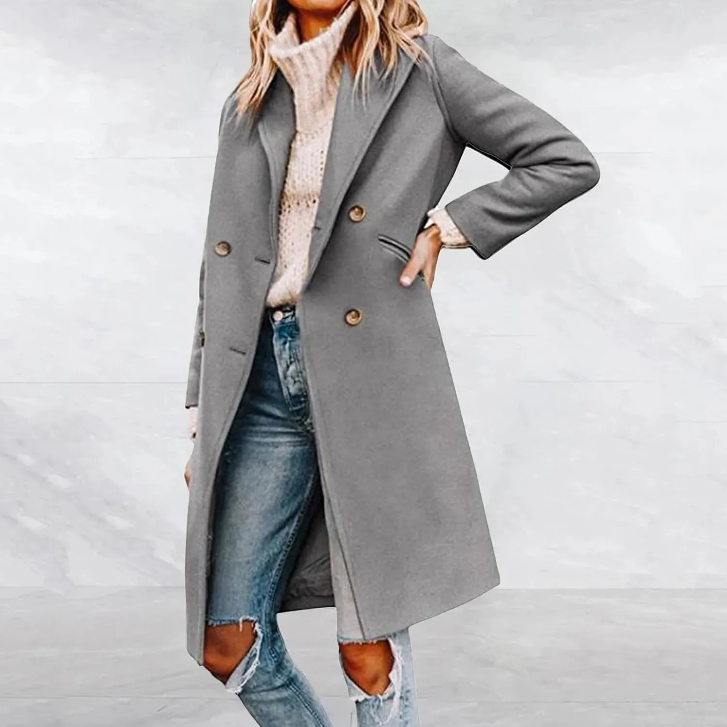 Womens Long Winter Coats Wool Blend Mid-Long Peacoat Notch Lapel Single-Breasted Overcoat Outwear
