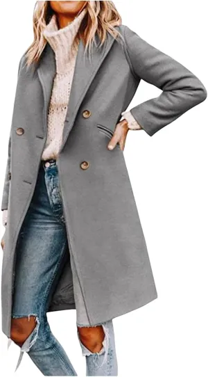 Womens Long Winter Coats Wool Blend Mid-Long Peacoat Notch Lapel Single-Breasted Overcoat Outwear