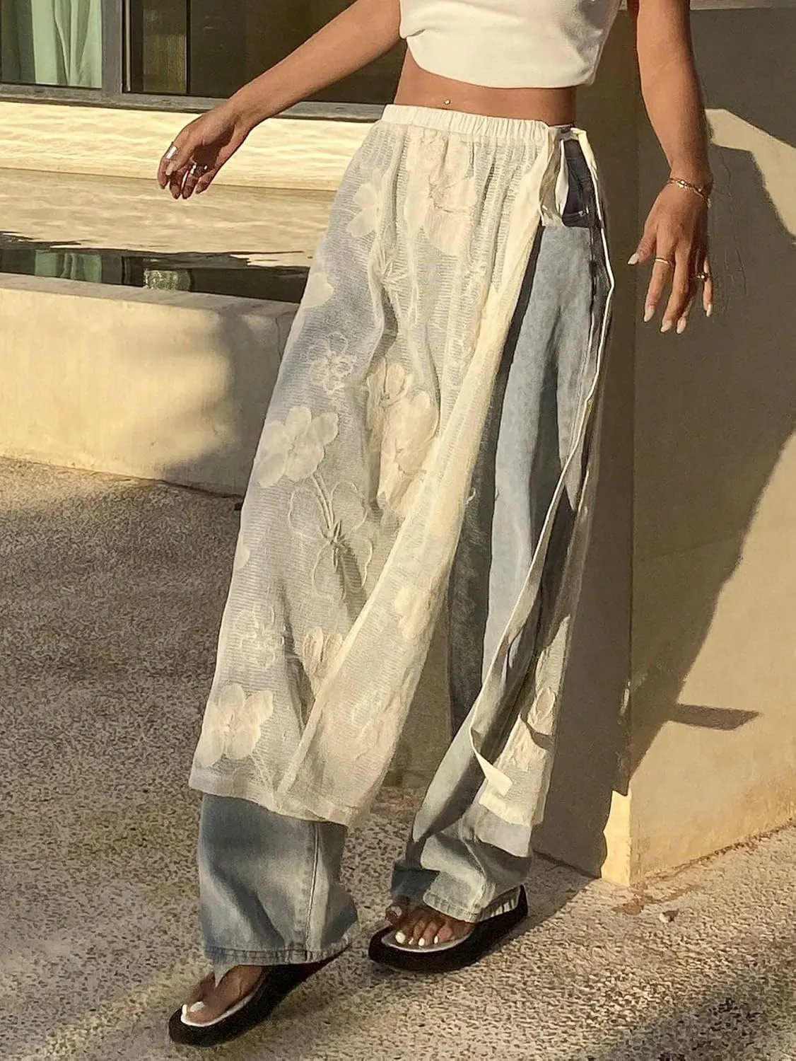 Women's Maxi Skirt Summer Midi Begonia Lace Tie Drawstring Slit Butt Curtain Skirt