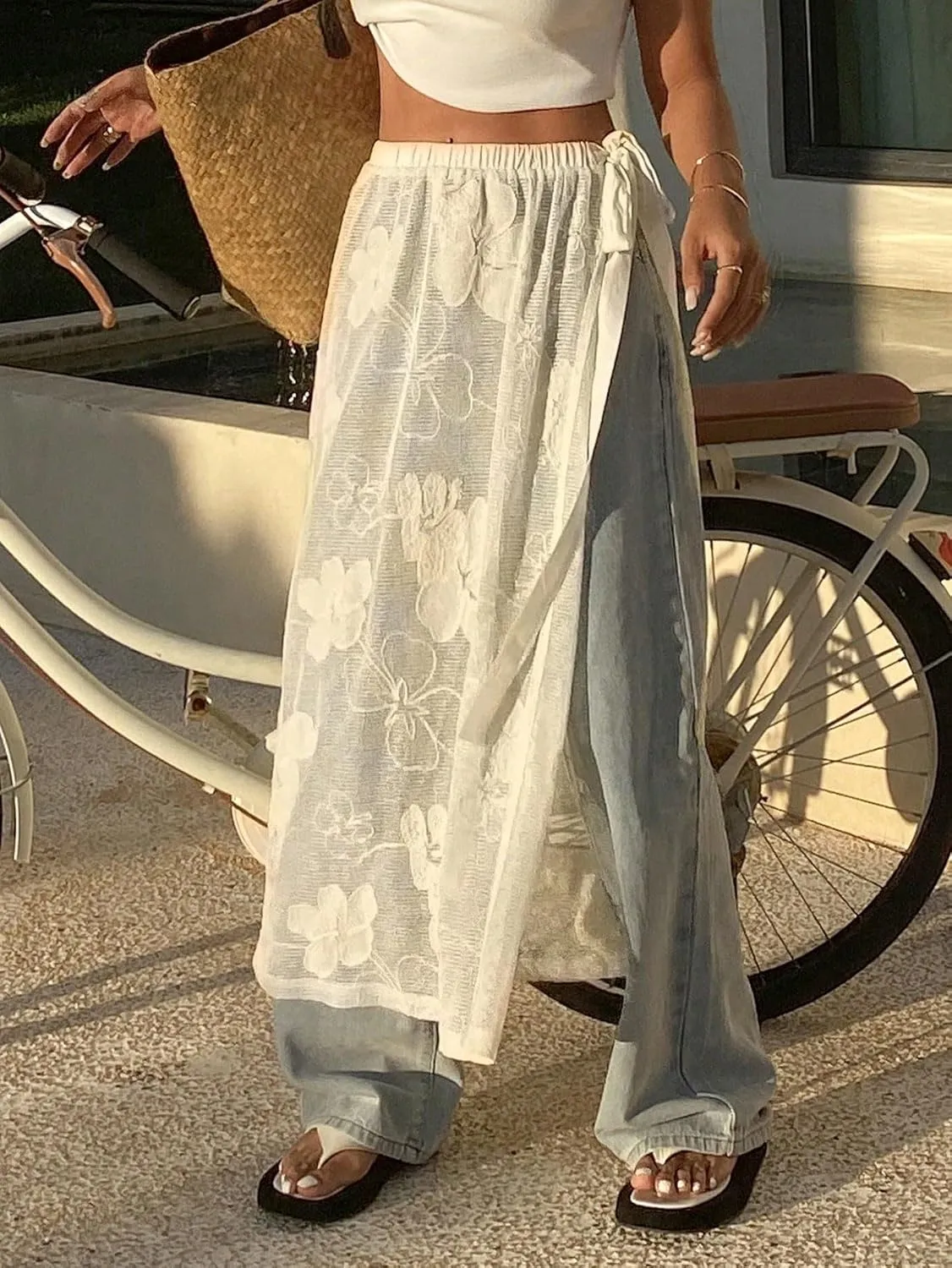 Women's Maxi Skirt Summer Midi Begonia Lace Tie Drawstring Slit Butt Curtain Skirt