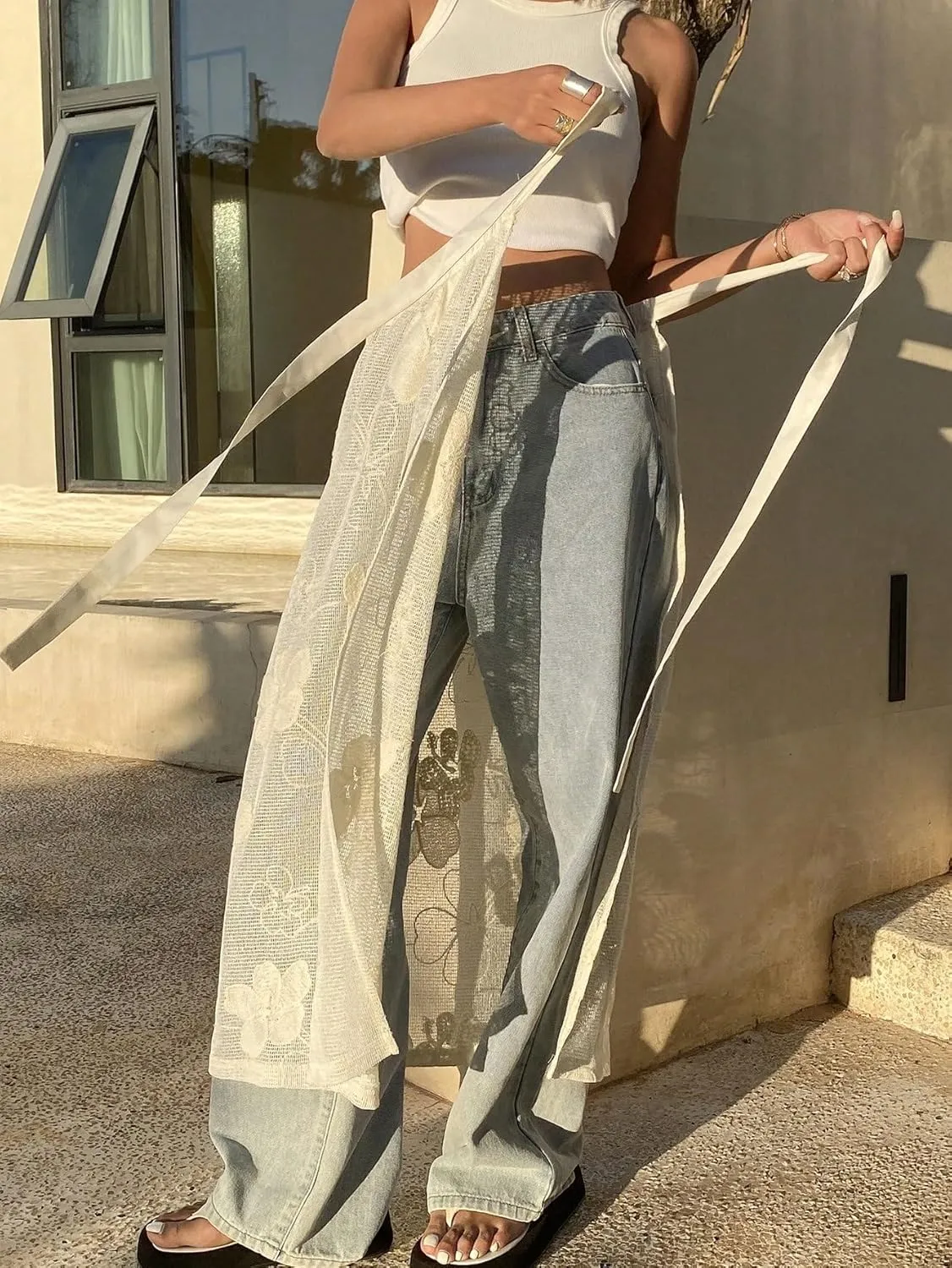 Women's Maxi Skirt Summer Midi Begonia Lace Tie Drawstring Slit Butt Curtain Skirt