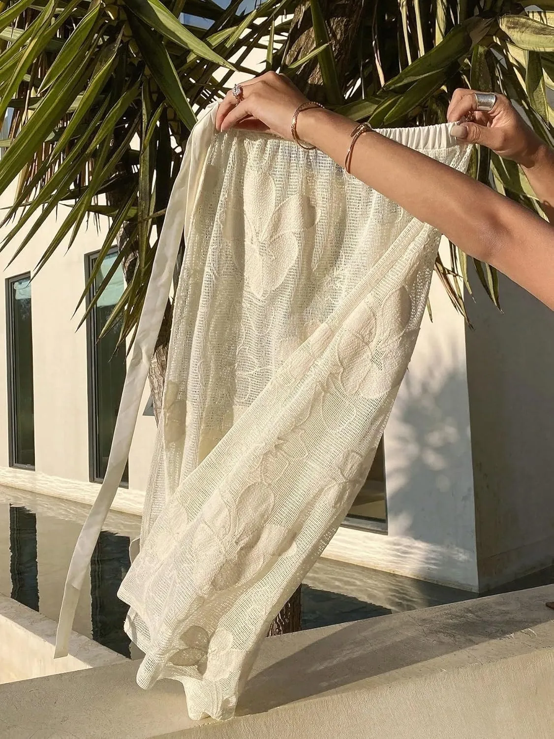 Women's Maxi Skirt Summer Midi Begonia Lace Tie Drawstring Slit Butt Curtain Skirt