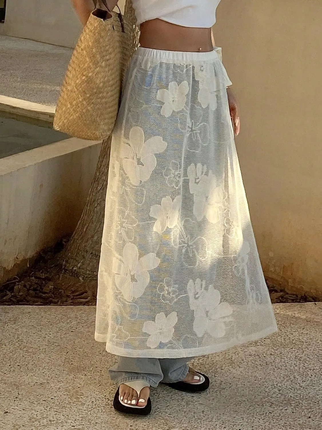 Women's Maxi Skirt Summer Midi Begonia Lace Tie Drawstring Slit Butt Curtain Skirt